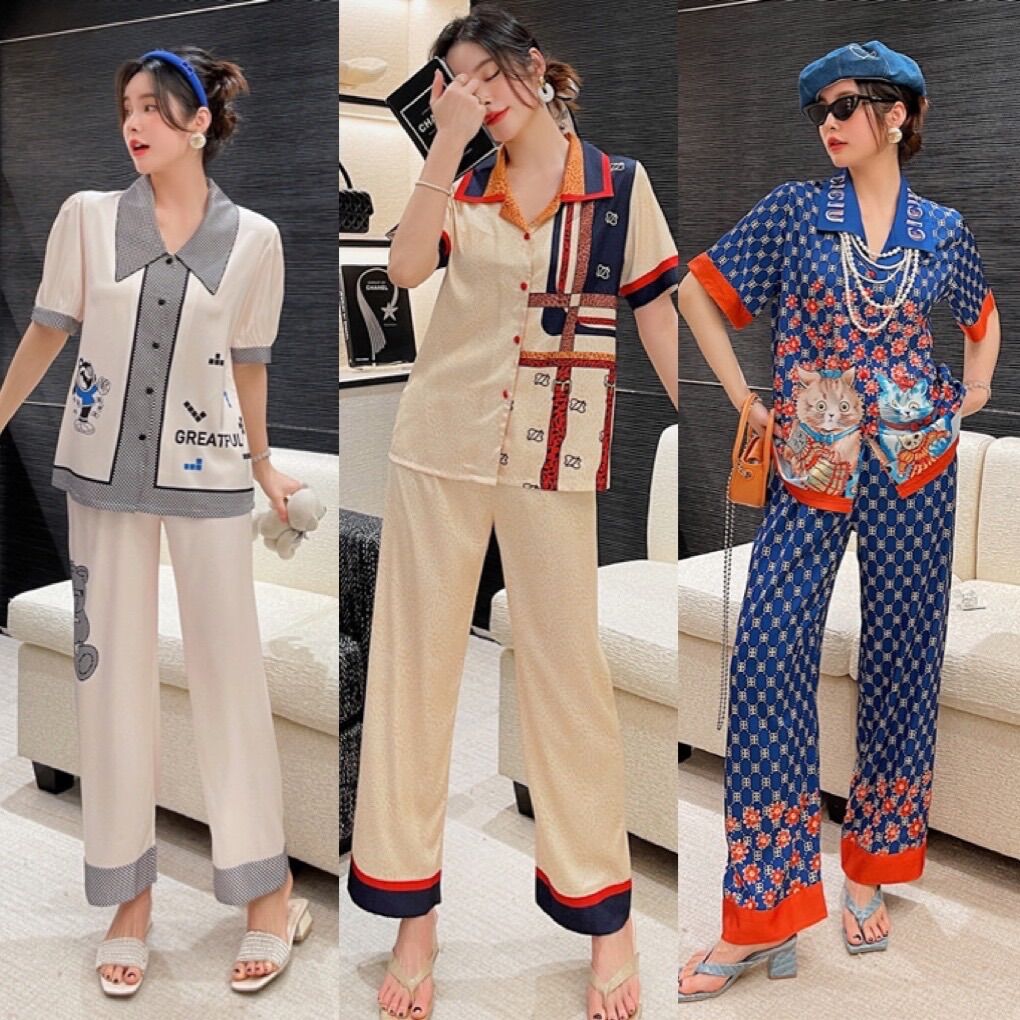 Pijama lụa cao cấp Quảng Châu áo cộc quần dài