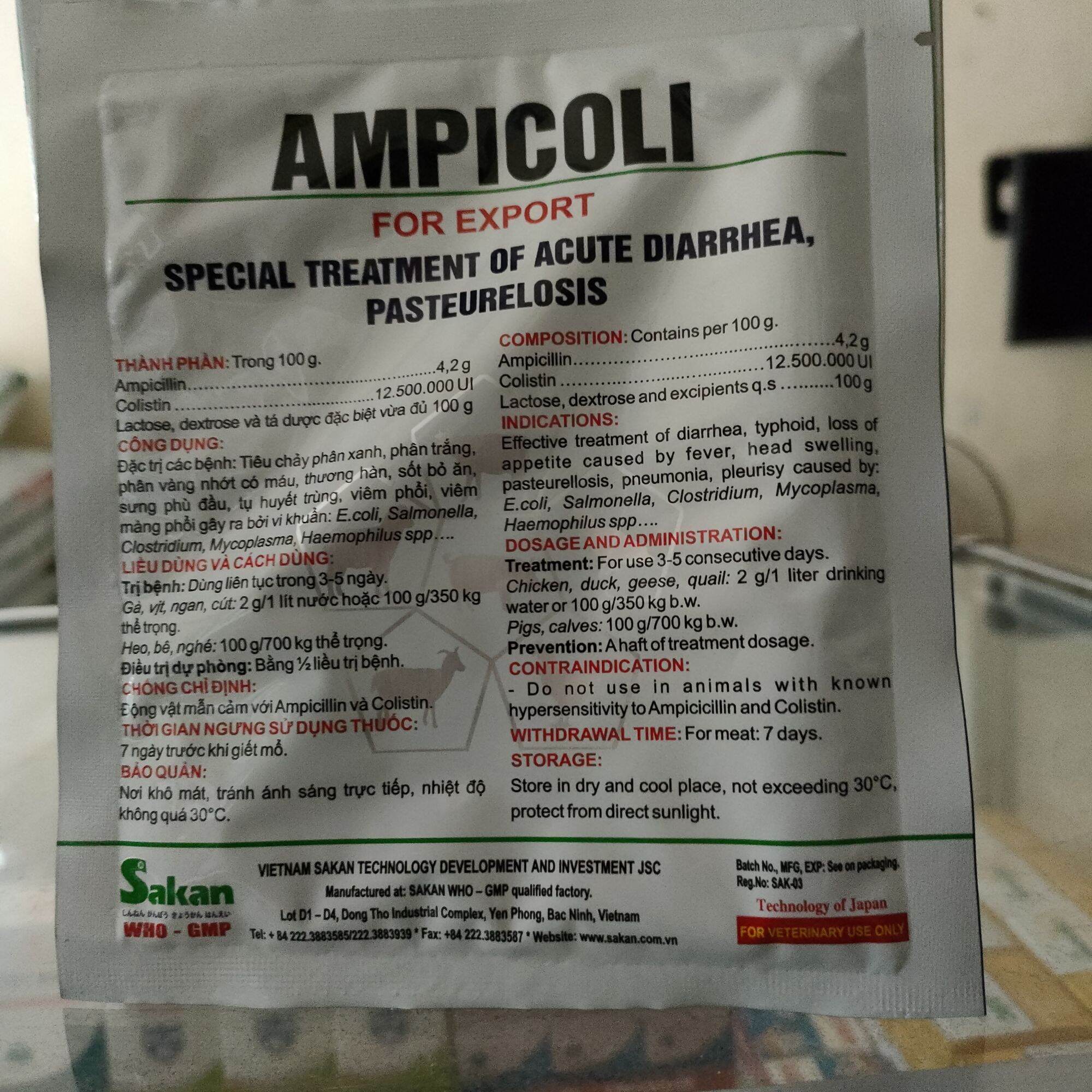 Ampi coli 50g dùng trong thú y( phân xanh, phân trắng, tiêu chảy cấp...)