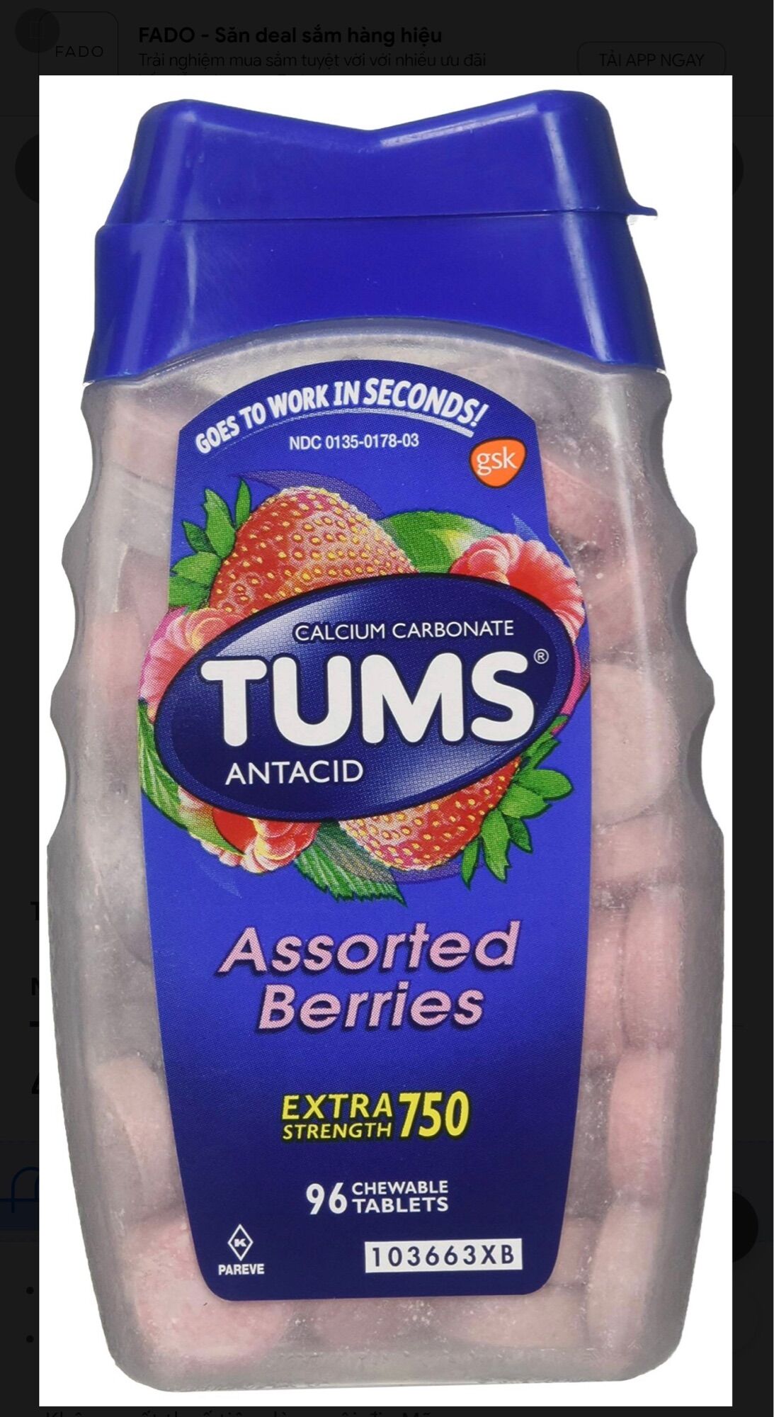 Kẹo ngậm trái cây giảm đầy hơi khó tiêu Tums của Mỹ