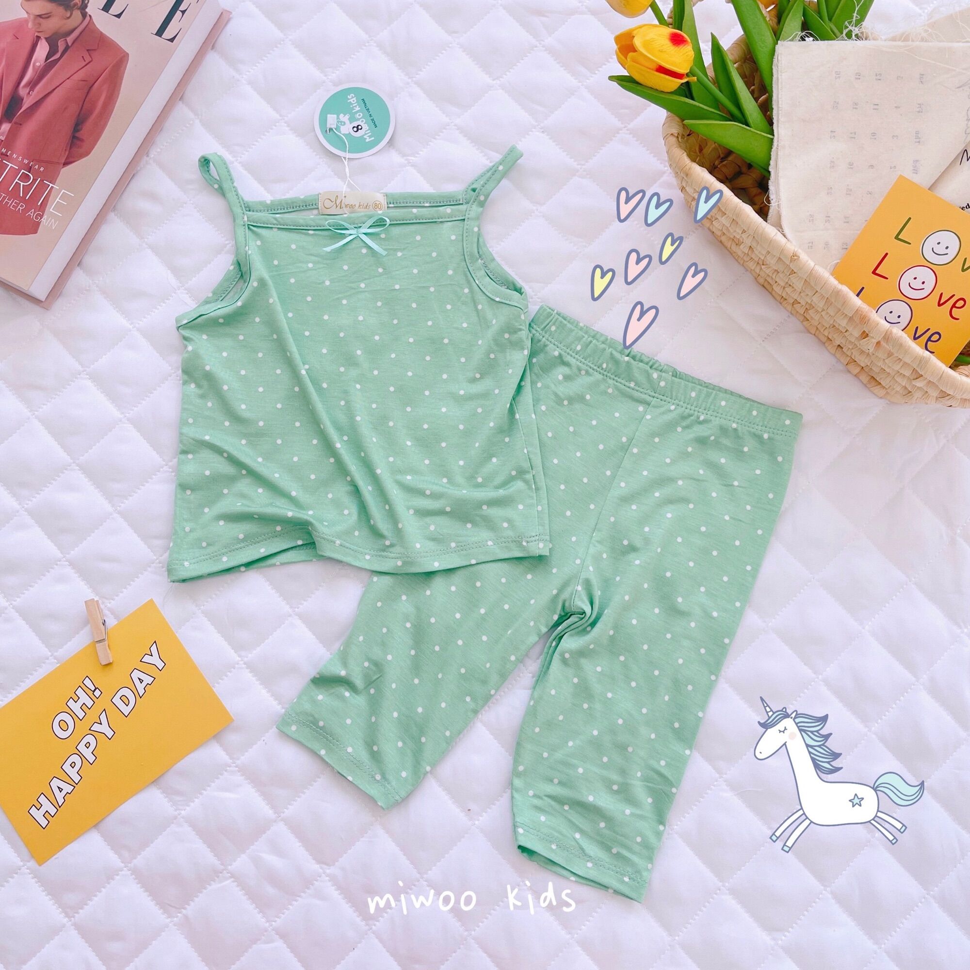 Bộ 2 dây bé gái quần lửng lụa hoa Miwoo xuất Nhật