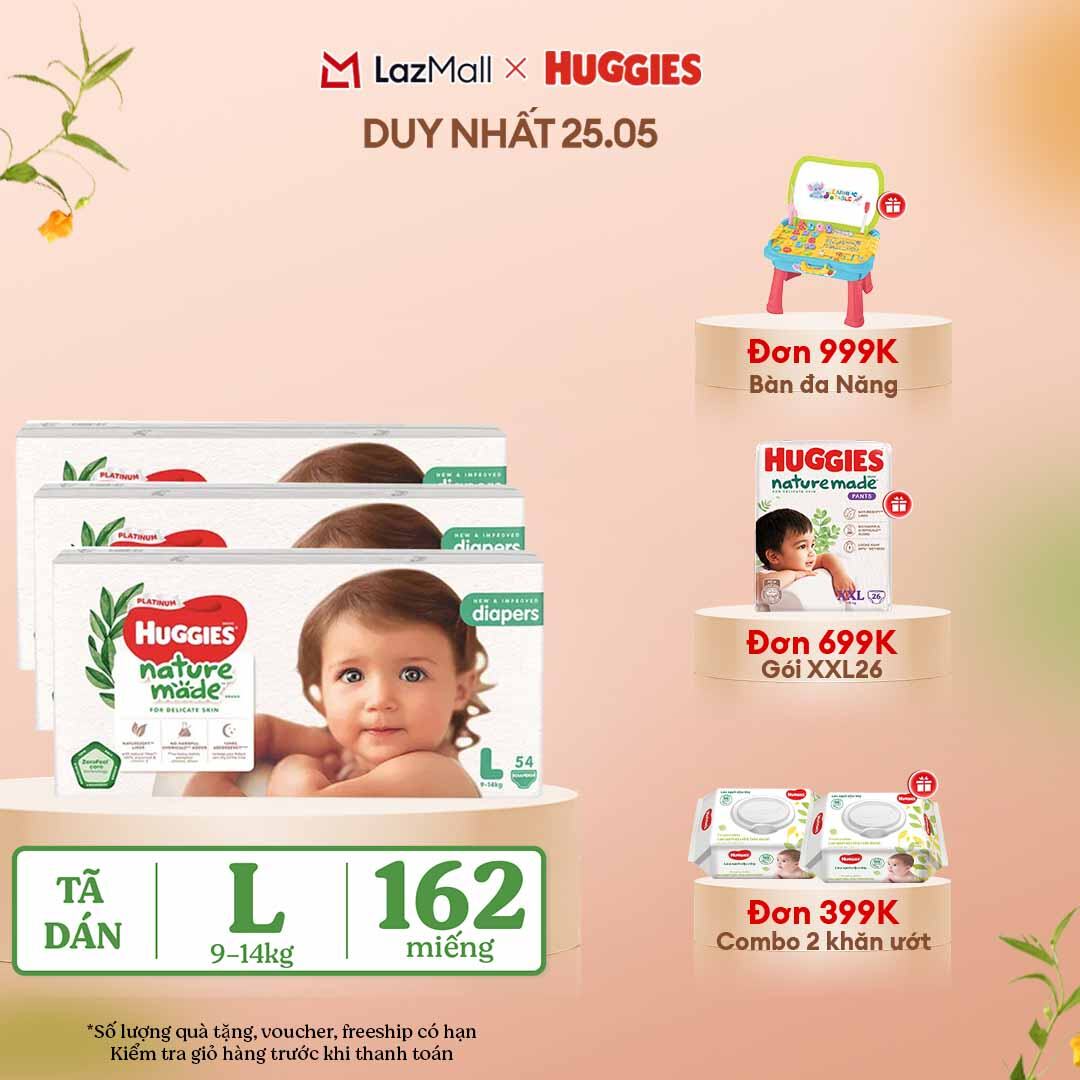 [CHỈ 25-29.05 QUÀ TẶNG ĐƠN 399K](Mua 1 tặng 1) Combo 3 Tã/Bỉm dán HUGGIES PLATINUM NatureMade L54 (9-14kg)-Gói Jumbo 54 miếng