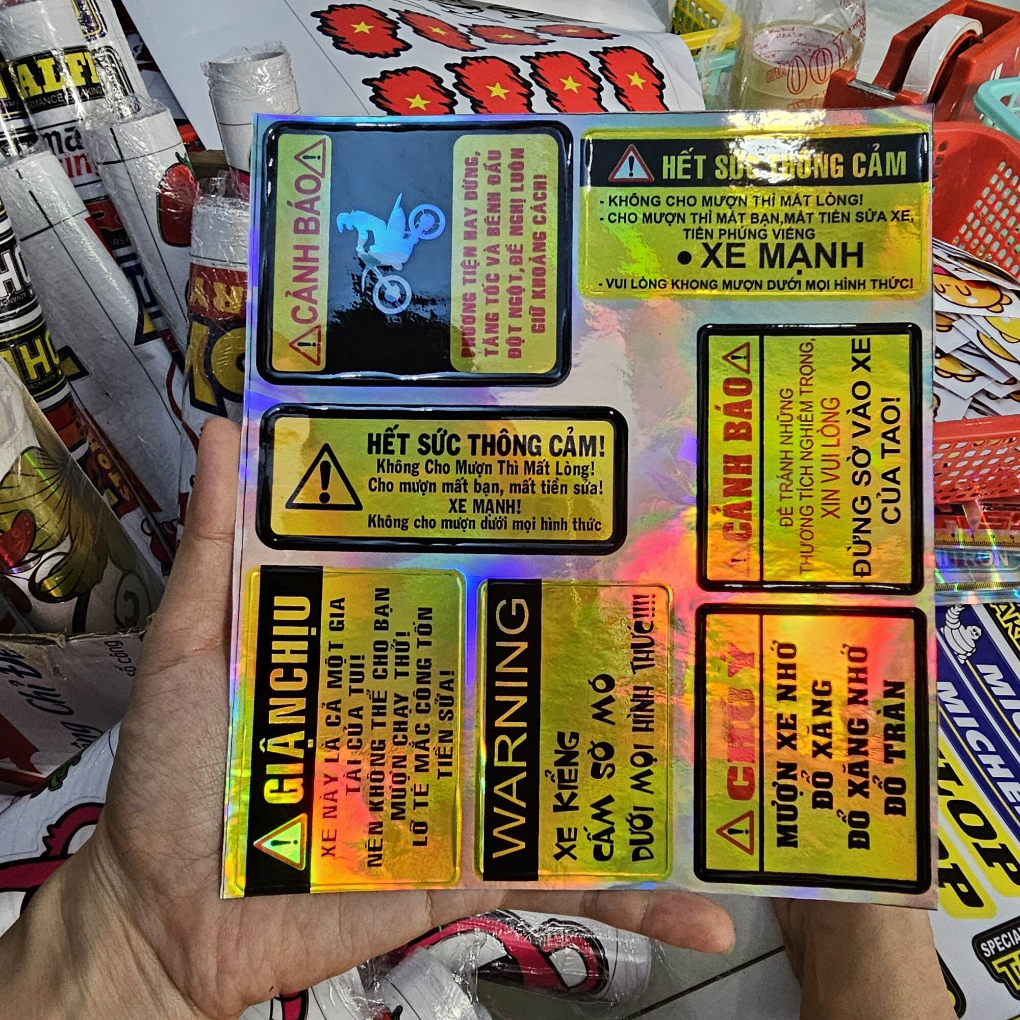 Combo 7 tem logo cảnh báo 7 màu dán trang trí xe máy