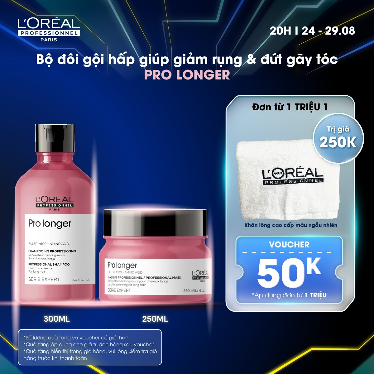 Combo Dầu gội 300ml & Dầu hấp 250ml dưỡng tóc dài mềm mượt, chắc khỏe, giảm đứt gãy, chẻ ngọn L'Oréal Professionnel Serie Expert Pro Longer - Dành cho tóc dài, dễ đứt gãy, chẻ ngọn