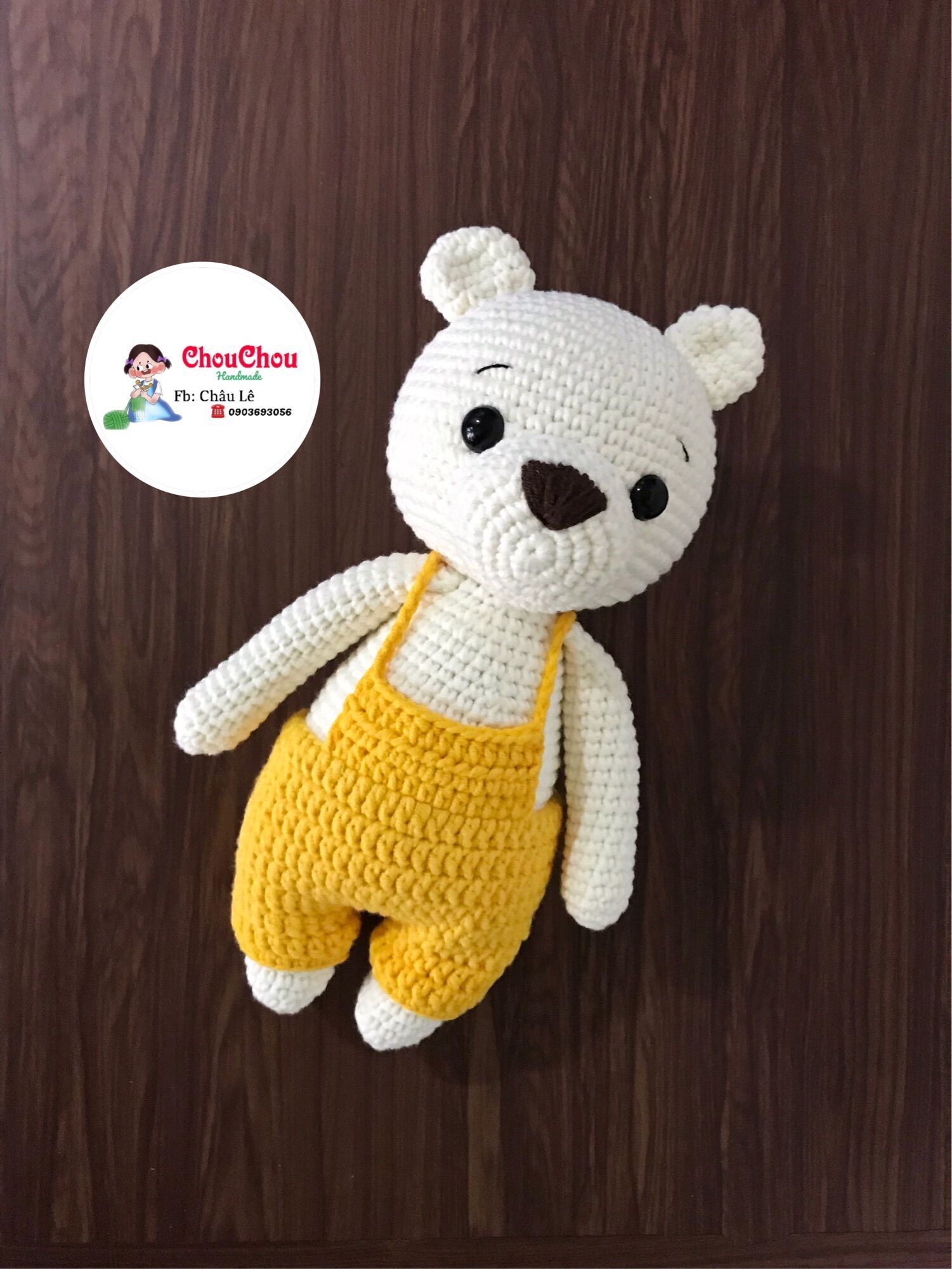 Thú len nhồi bông handmade - Gấu mặc yếm (23 cm)