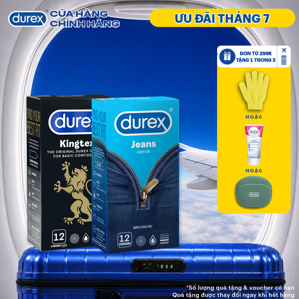 Combo 1 hộp Bao cao su Durex Kingtex 49mm 12 bao  1 hộp Bao cao su Durex Jeans 52.5mm 12 bao