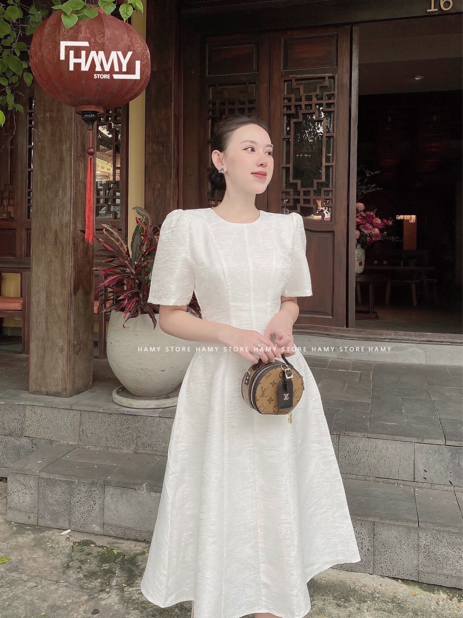 Đầm Tay Bồng Vải Gấm