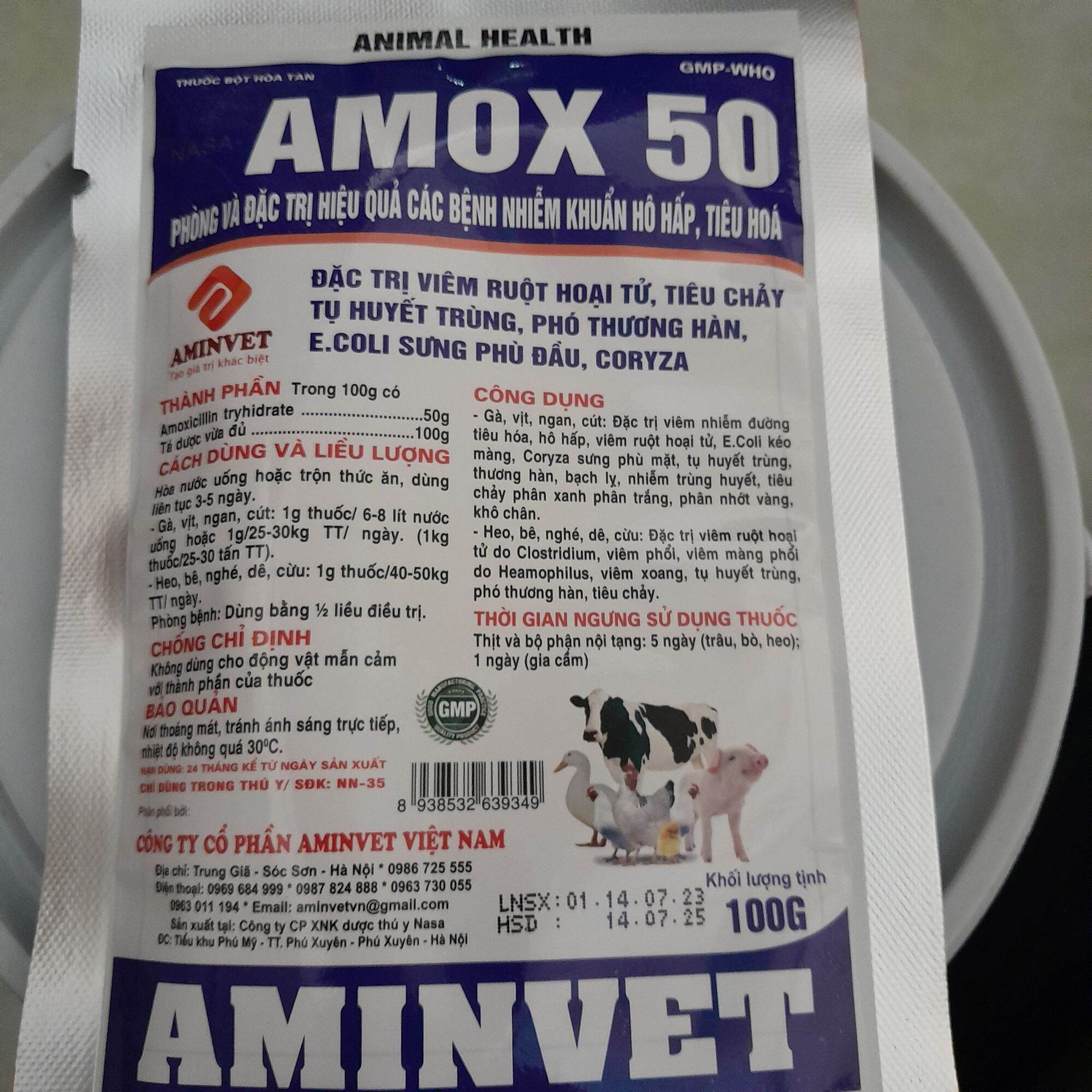 Amox 50% Aminvet 100g Phân xanh trắng, gà chết về đêm, gà bị tụ huyết trùng