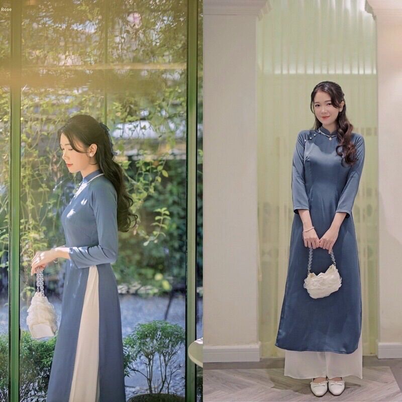 Áo dài cách Tân nữ, áo dài lụa màu xanh đá đính hạt tinh tế lụa mềm mịn mát