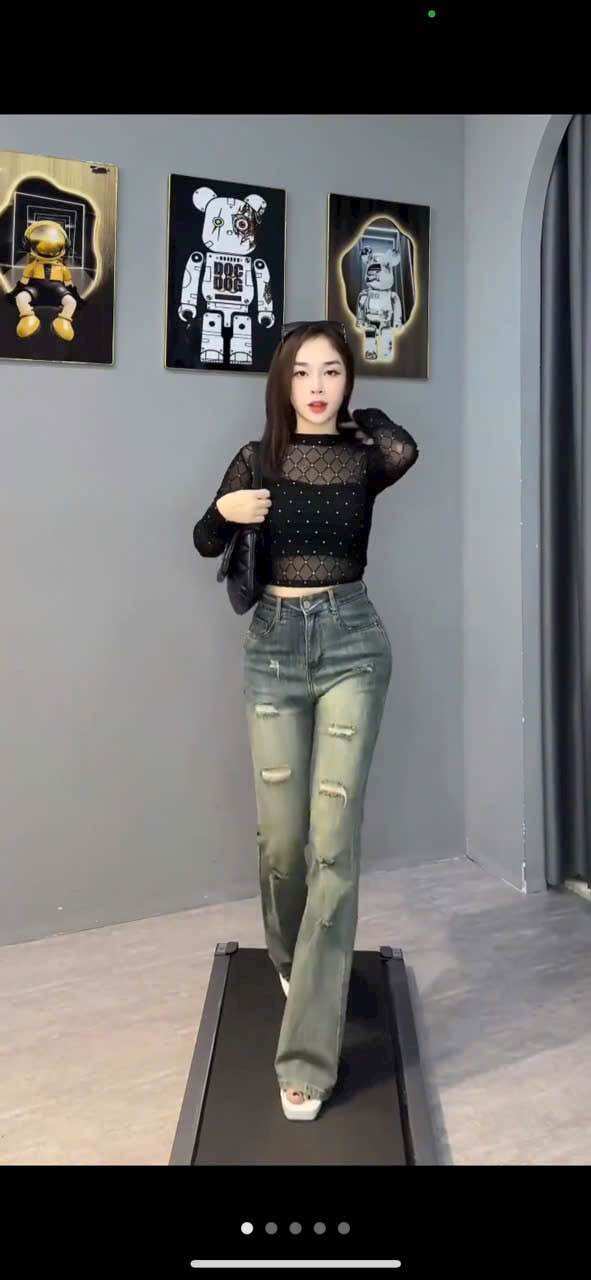 Áo Croptop Phối Lưới Đính Đá Tay Dài Cổ Tròn