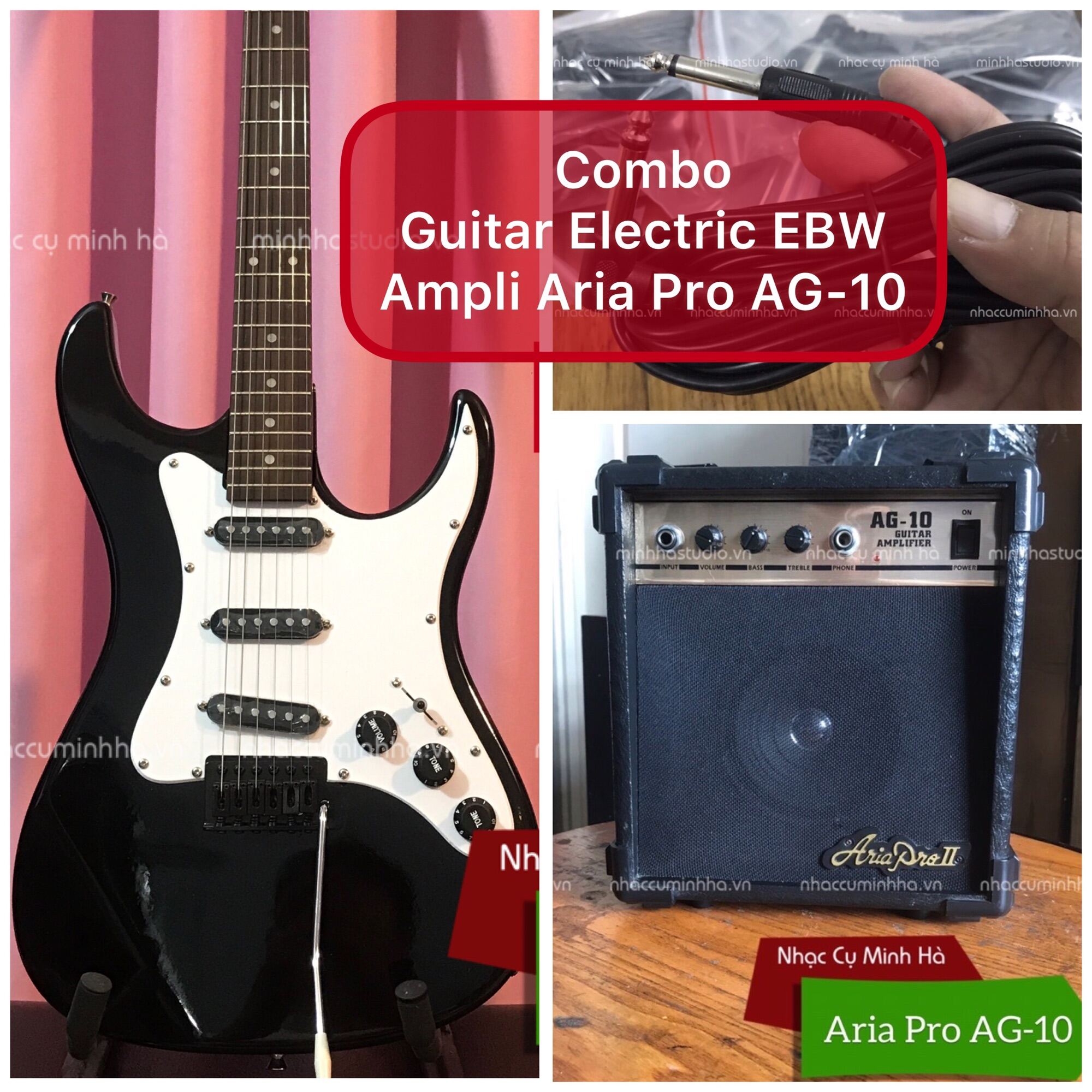 Combo Guitar điện EBW, Ampli Aria Pro II AG-10, Jack kết nối 6ly dài 5m