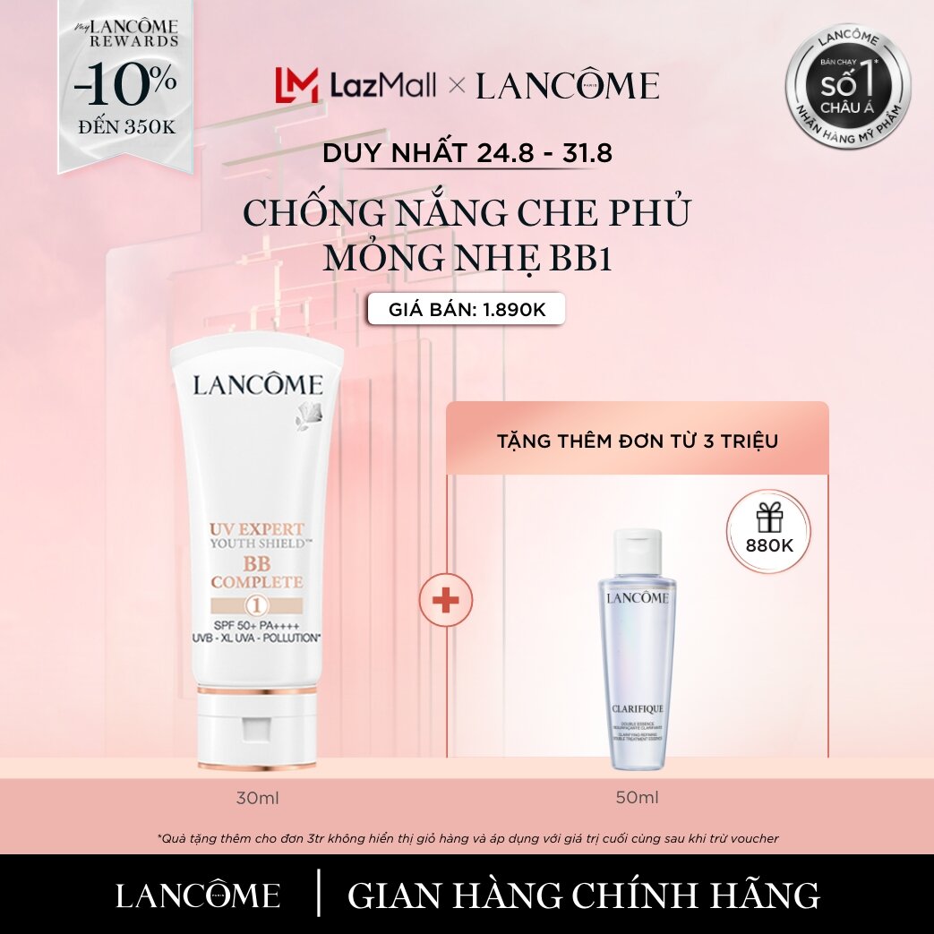 [DUY NHẤT 24-31.8 - Voucher 10%] Kem chống nắng có màu che phủ hoàn hảo Lancôme UV Expert BB COMPLETE 1 SPF 50+ PA++++ 30ml - Tone màu sáng [Quà không hiển thị giỏ hàng]