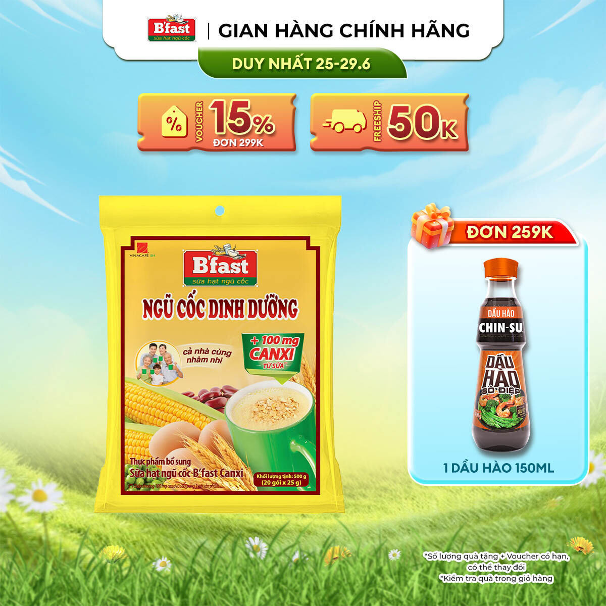 [DUY NHẤT 25-29.06 VOUCHER 18% ĐƠN 249K] Thực Phẩm Bổ Sung Sữa Hạt Ngũ Cốc B'Fast Canxi - Túi 20 Gói x 25g