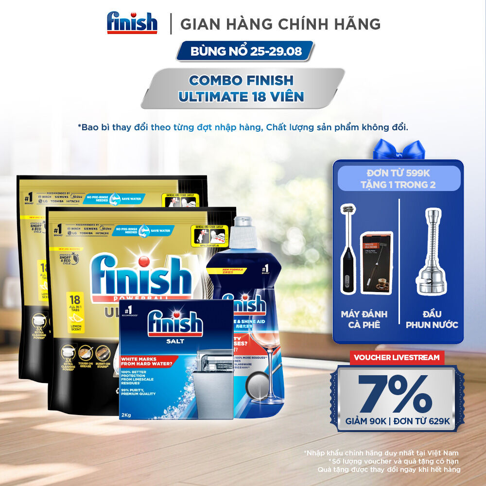 Combo 2 Túi rửa chén Finish Ultimate 18 viên + Nước làm bóng Finish 500ml + Muối rửa chén Finish 2kg