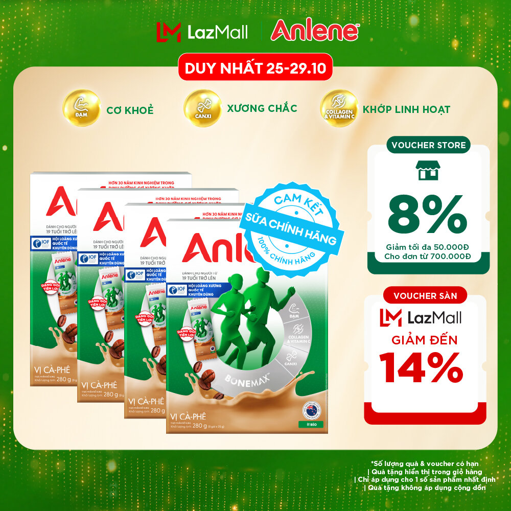 [Voucher giảm đến 26%]Combo 4 Sữa Bột Anlene Hương Cà Phê Dạng Gói Tiện Lợi (8 Gói x 35G)