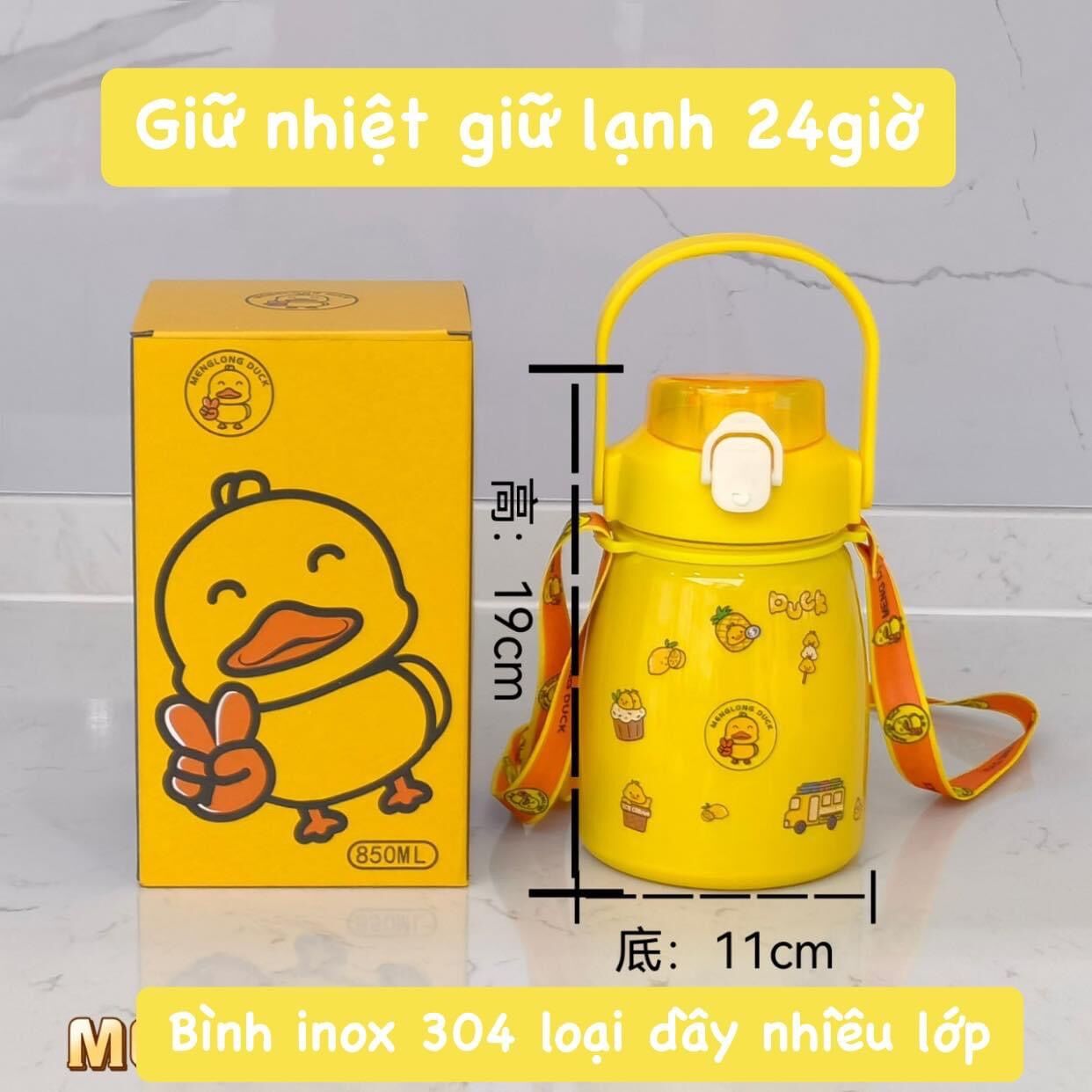 bình nước giữ nhiệt inox 304 con vịt vàng 900ml