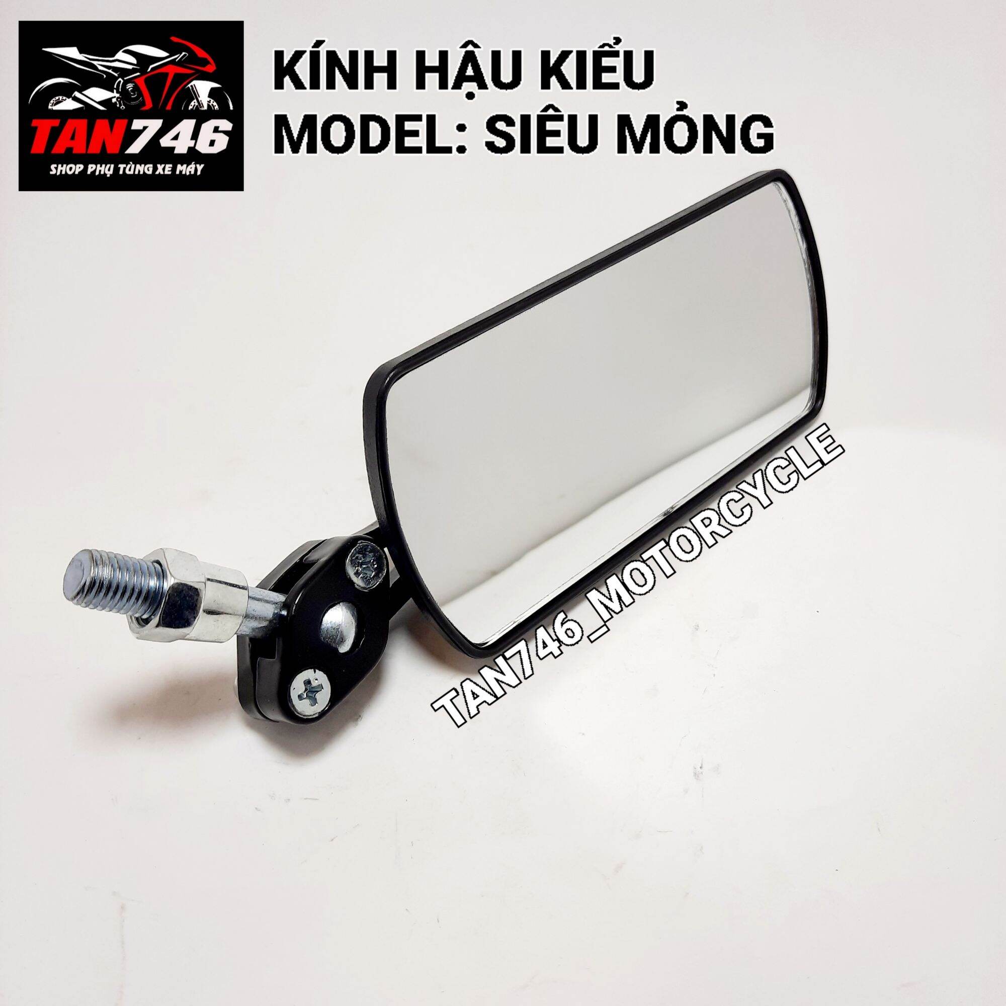 Gương chiếu hậu, kính hậu kiểu Vuông SIÊU MỎNG. Chân kính 10mm bên trái, có thể lắp vừa rất nhiều dòng xe máy trên thị trường.