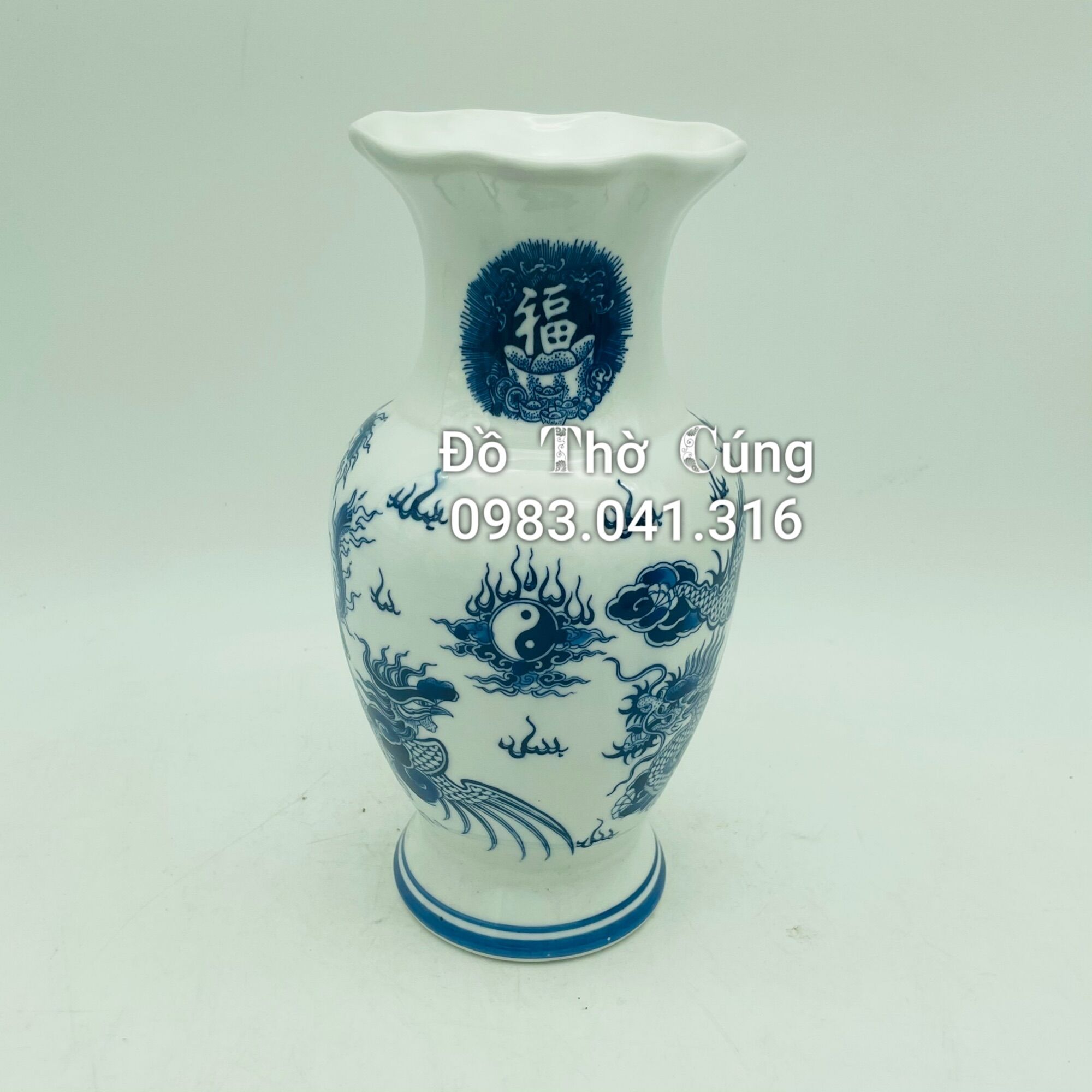 Lọ cắm hoa thờ miệng lượn men lam