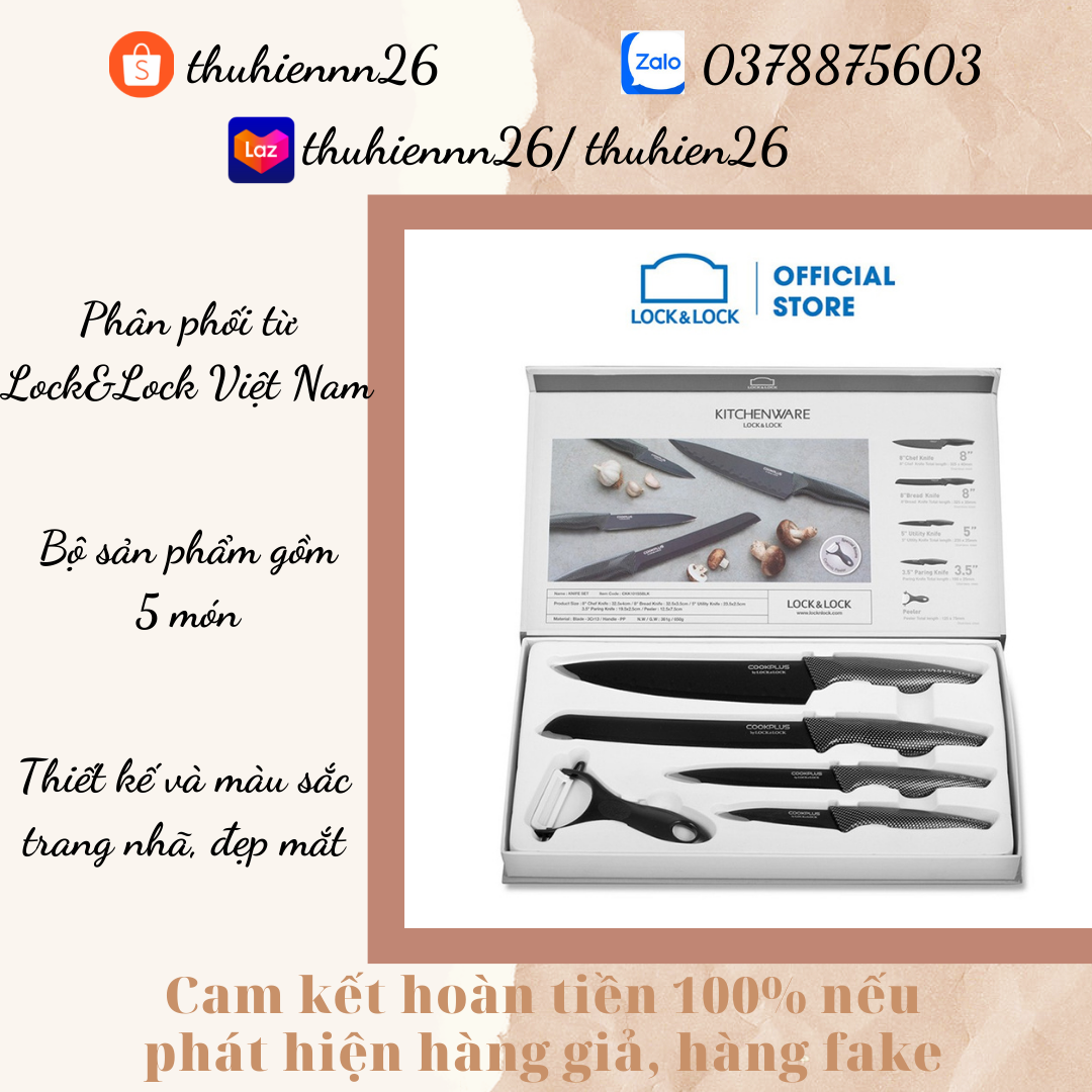 Bộ dao nhà bếp 5 món lock&lock cookplus - hàng chính hãng lưỡi dao bọc sứ, có hộp sang trọng