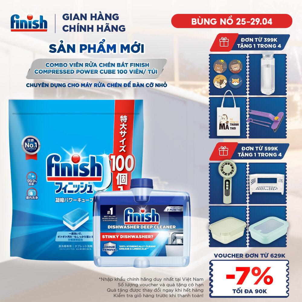 Combo Finish: Viên Rửa Chén Finish Nhật Bản Power Cube 100 Viên + Dung Dịch Vệ Sinh Máy 250ml