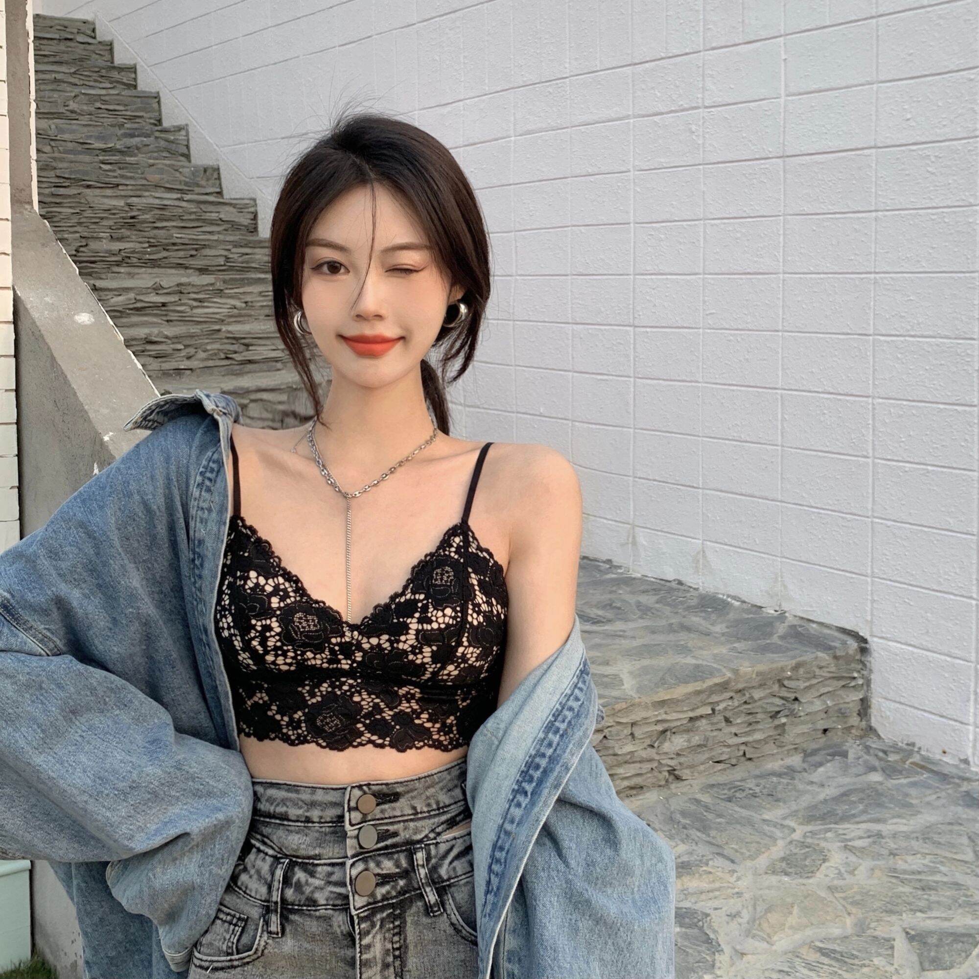 Áo croptop ren 2 dây cổ V. Áo bralette nhiều màu có mút sẵn