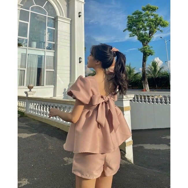 [Shop bigsize nữ 50kg-90kg] Set áo peplum cột nơ lưng