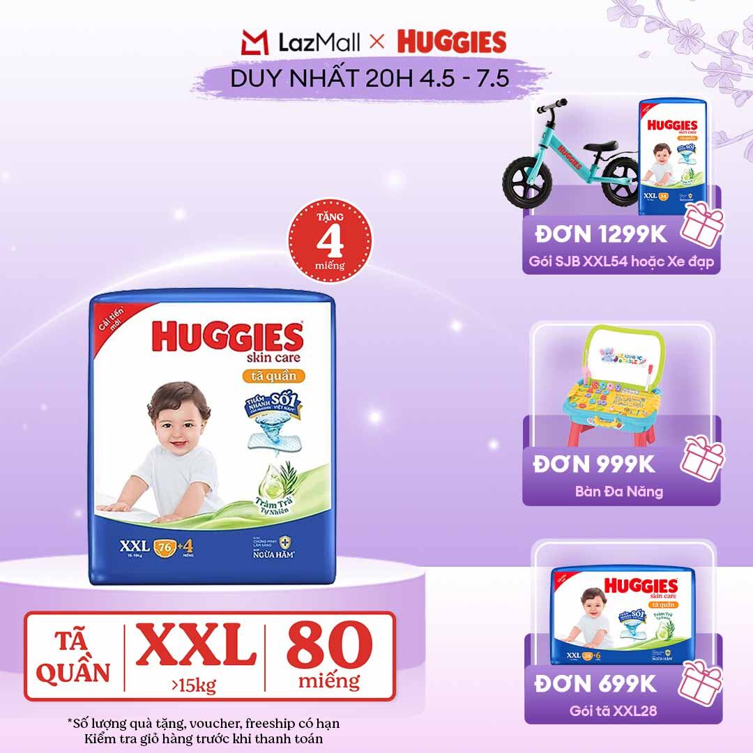 [CHỈ 20h 04-07.05 GIẢM THÊM 90K]  Gói Tã/bỉm quần HUGGIES SKINCARE MEGA JUMBO size XXL76+4 miếng