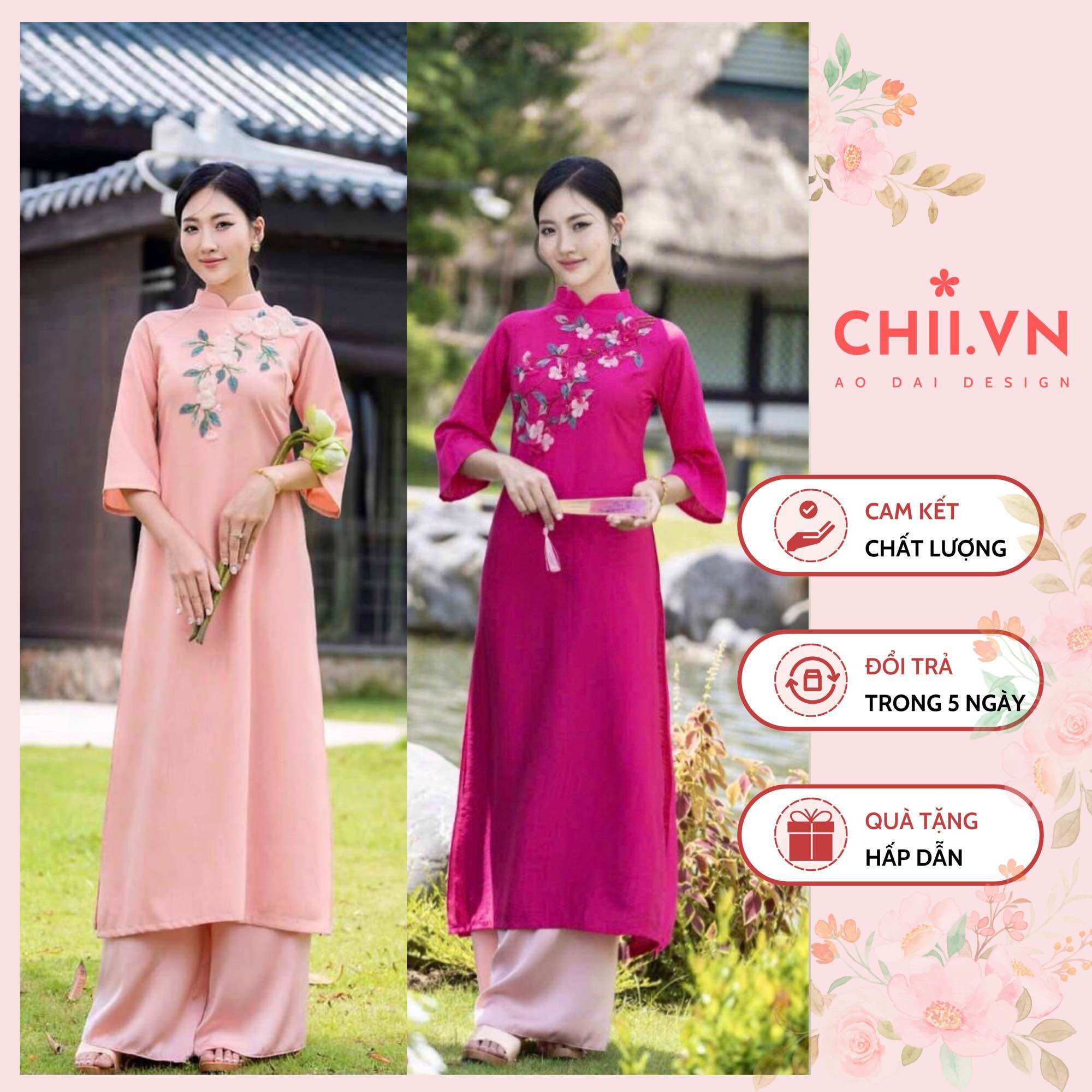 Áo dài cách tân dáng suông đính kết hoa cao cấp chất liệu linen, áo dài lễ tết