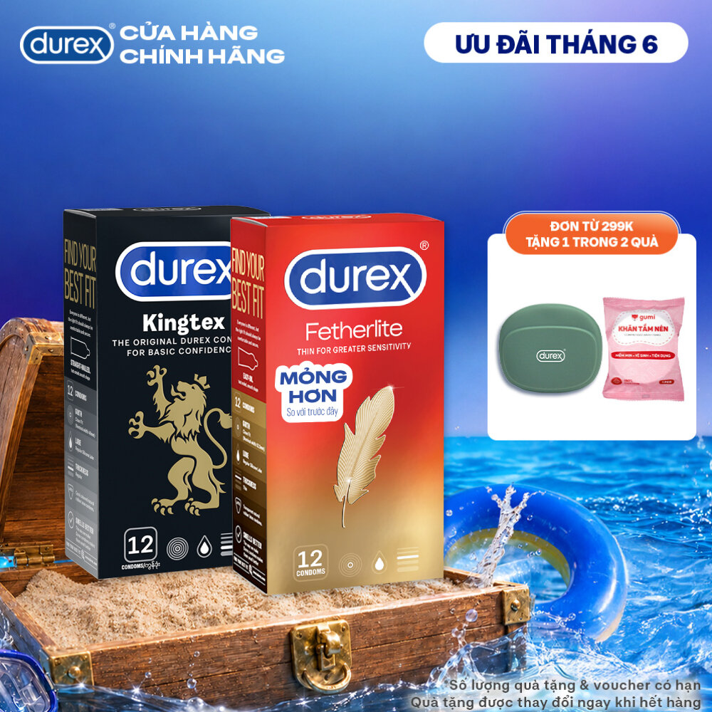 Combo 1 hộp Bao cao su Durex Kingtex 49mm 12 bao  1 hộp Bao cao su Durex Fetherlite siêu mỏng 52mm 12 bao