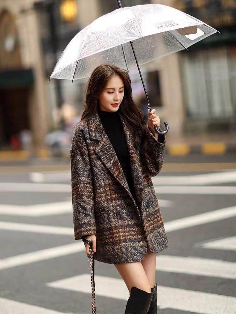 Hàng QC- Áo dạ kẻ phong cách Hàn Quốc pha màu NÂU LOANG,Đen cực đẹp
