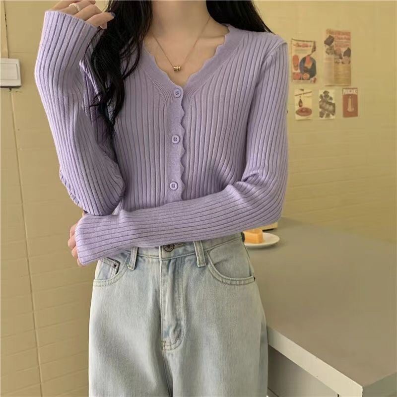 Áo Len Cardigan Dệt Kim Cổ Chữ V Tay Dài Mỏng Mềm Mại Cho Nữ Xuân Thu Áo Khoác Ngoài Viền Ren Ngắn Á