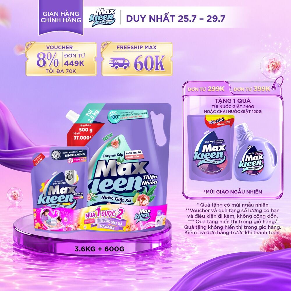 Combo Nước giặt xả MaxKleen Hương Thiên Nhiên Vườn Hoa Thanh Khiết: 1 Túi 3.6kg + 1 Túi 600g