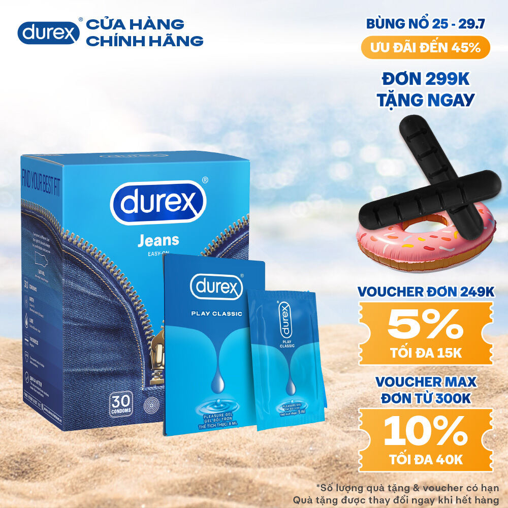 [25-29.7 - Voucher đến 30K] Combo Bao cao su Durex Jeans cơ bản, bôi trơn, size 52.5mm, hộp 30 bao +  Gel Classic Dạng Gói 5ml