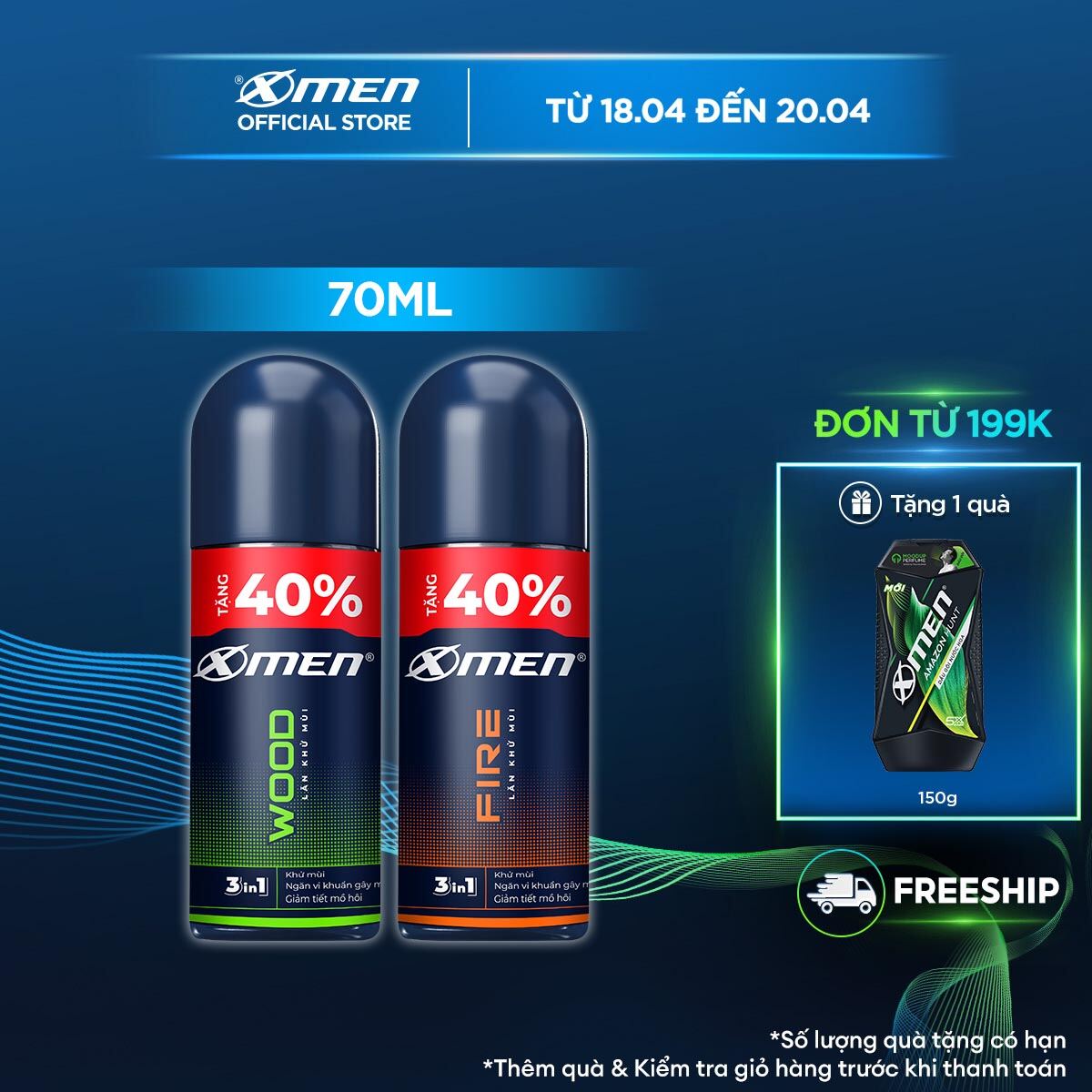 [TĂNG 40% DUNG TÍCH] Lăn khử mùi Xmen Wood/Fire 70ml/chai - Hương thơm nam tính