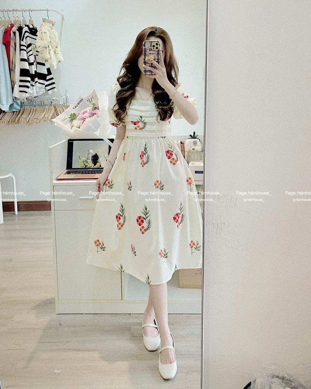 Đầm tay bồng buộc nơ in hoa tiểu thư midi BG
