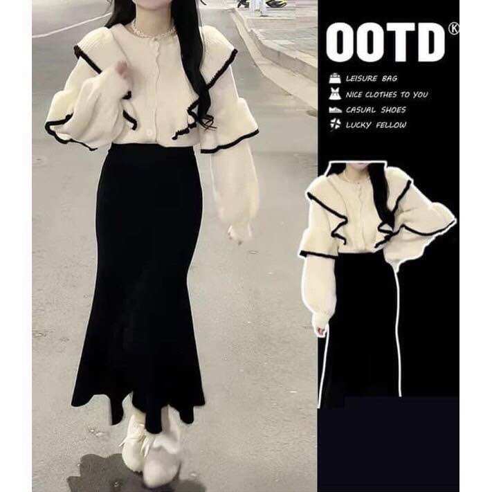 Set áo len tăm viền đen mix chân váy dài ôm dáng
