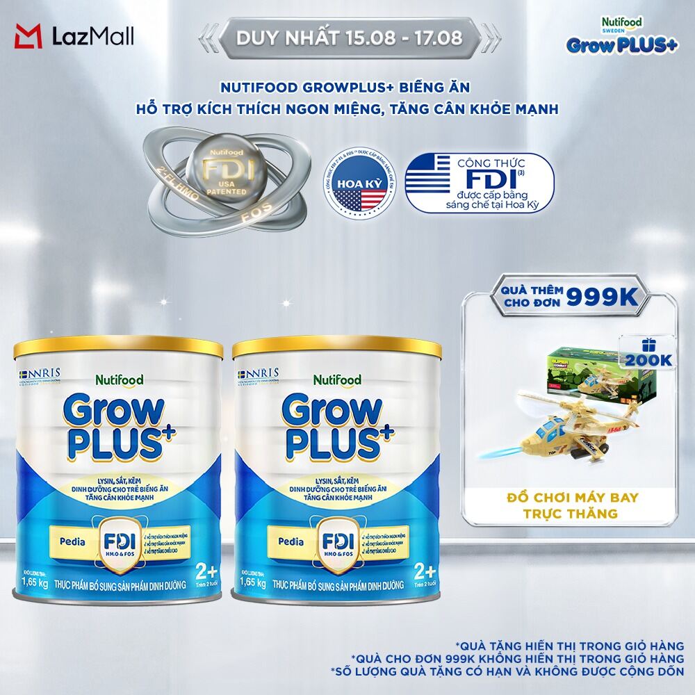 Combo 2 Sữa Bột Nutifood GrowPLUS+ Biếng Ăn (Xanh) 2+ - Hỗ Trợ Kích Thích Ngon Miệng, Tăng Cân Khỏe Mạnh (2 Lon 1,65 Kg)