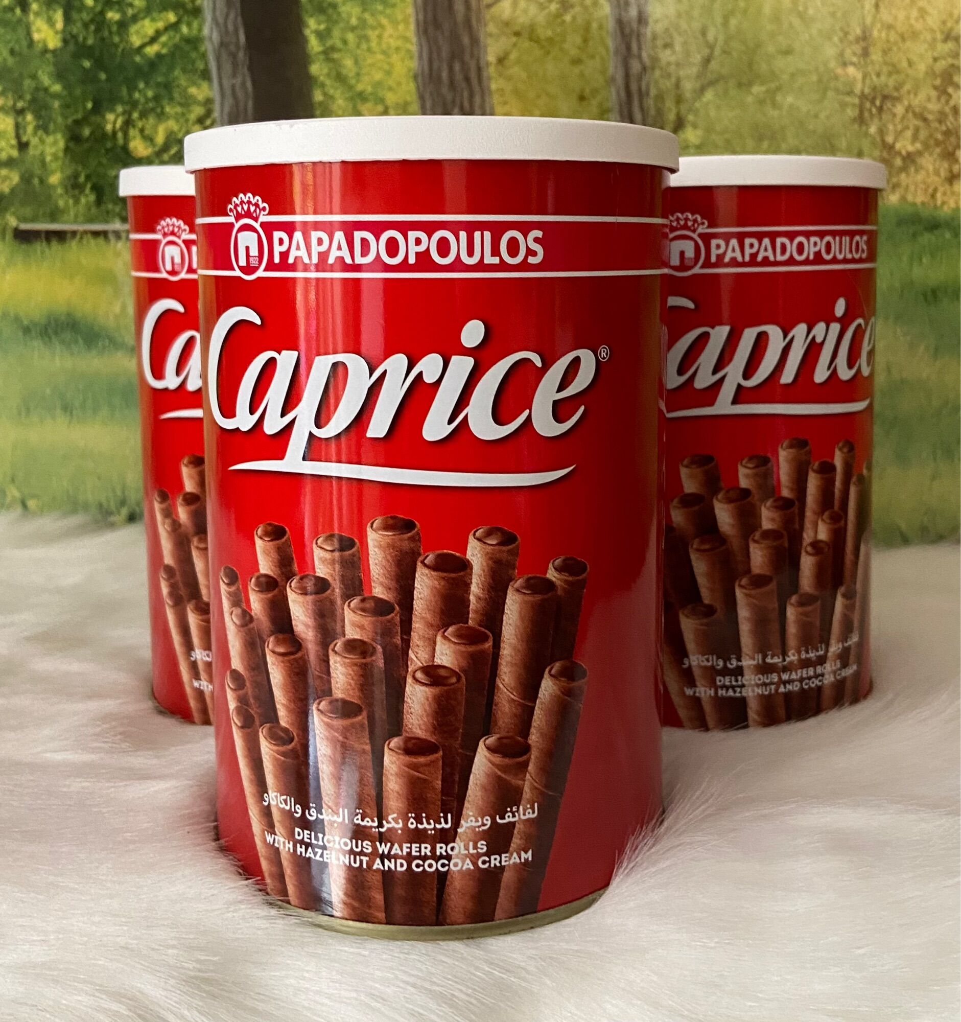Bánh Quế Nhân Kem Cacao và hạt phỉ CAPRICE PAPADOPOULOS Lon 400g