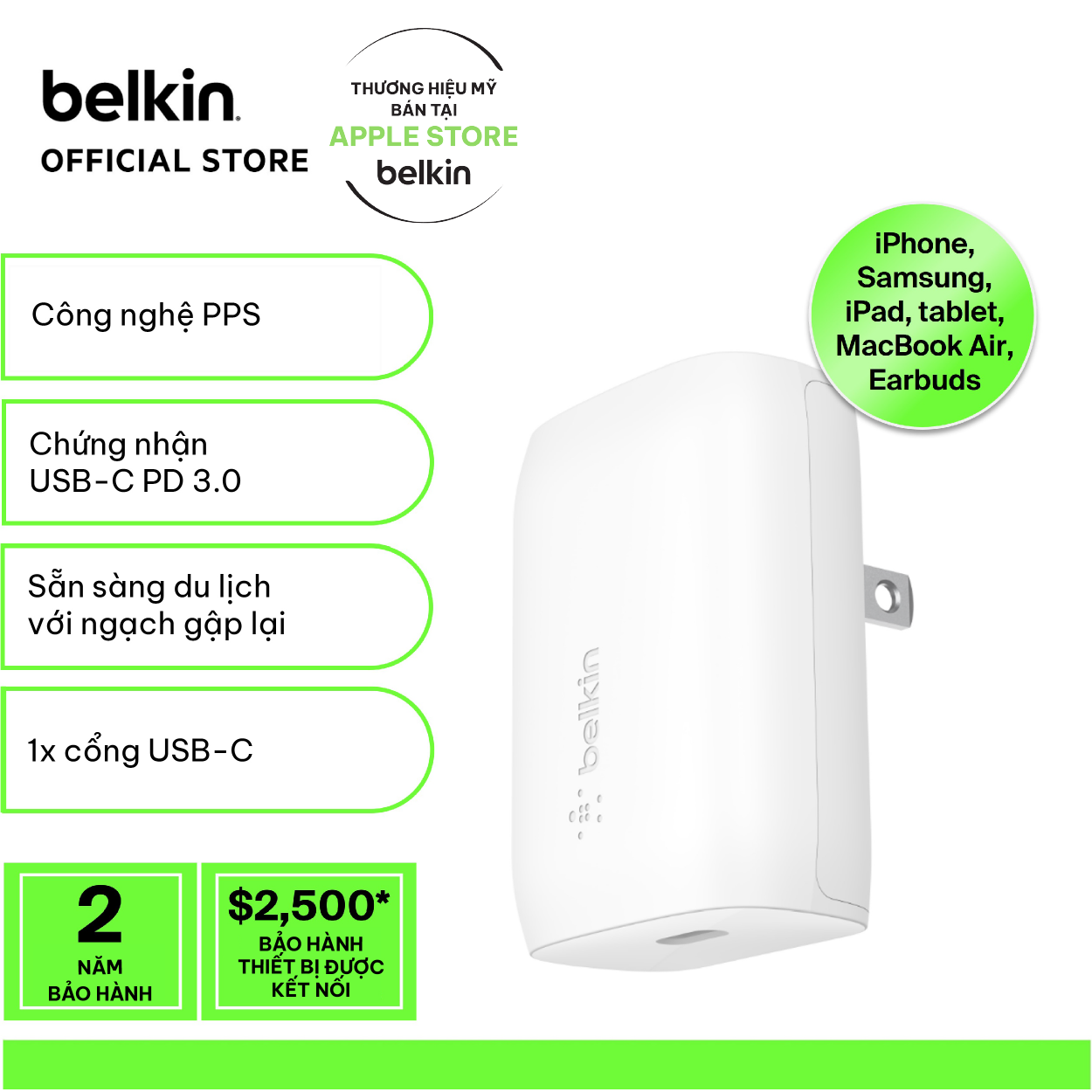 Sạc nhanh BOOST↑CHARGE Belkin 30W USB-C PD 3.0 PPS WCA005 WCA005 (tương thích iPhone 15)