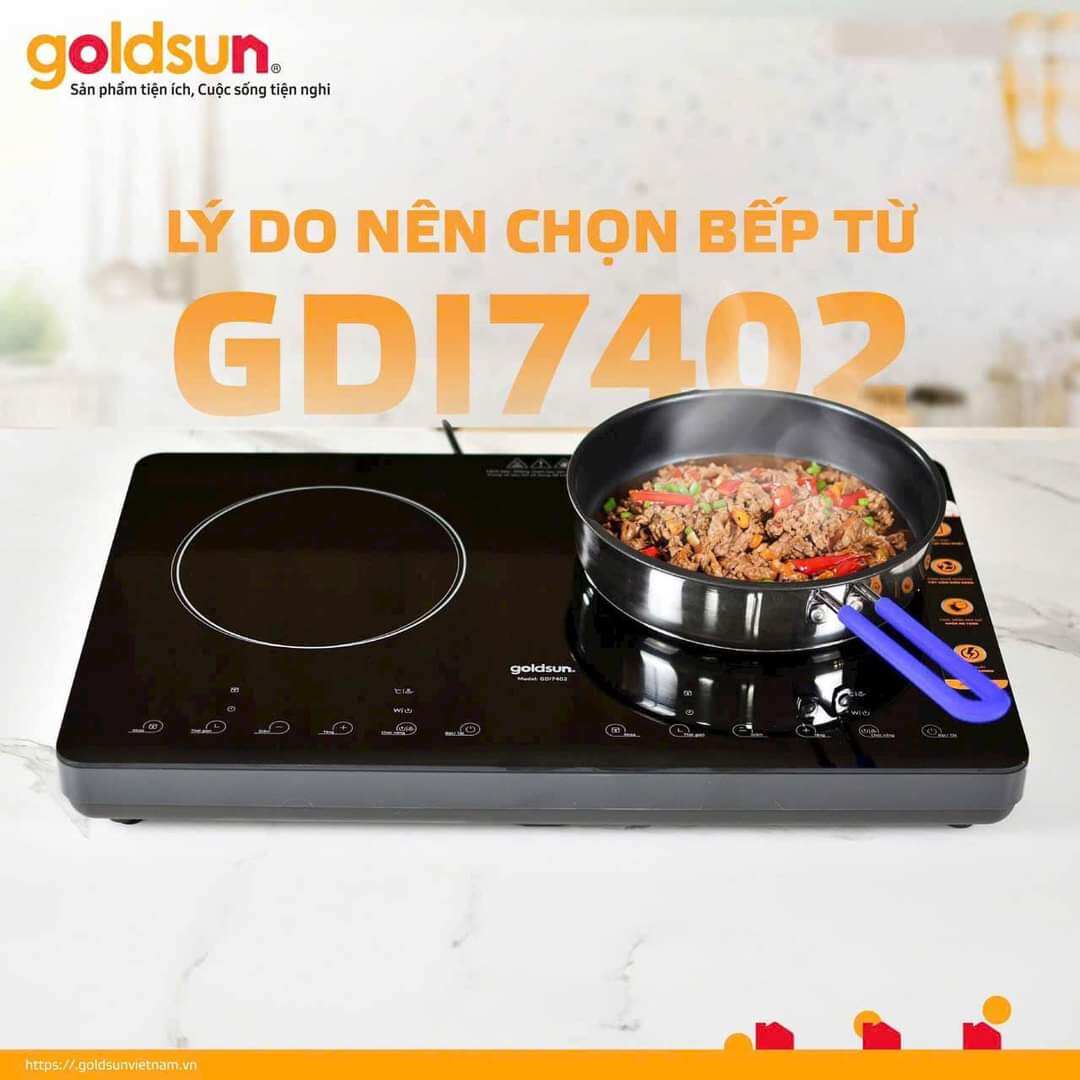 Bếp từ đôi dương Goldsun - GDI7402, chất liệu mặt kínhchịu lực có màn hình Led nhạy cảm ứng thông minh
