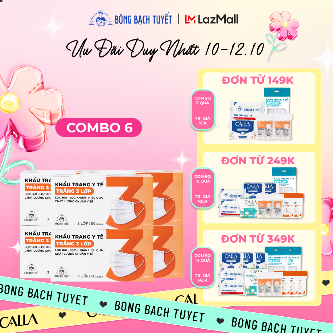 Combo 6 Khẩu trang Bông Bạch Tuyết 3 lớp trắng (50 cái/hộp)