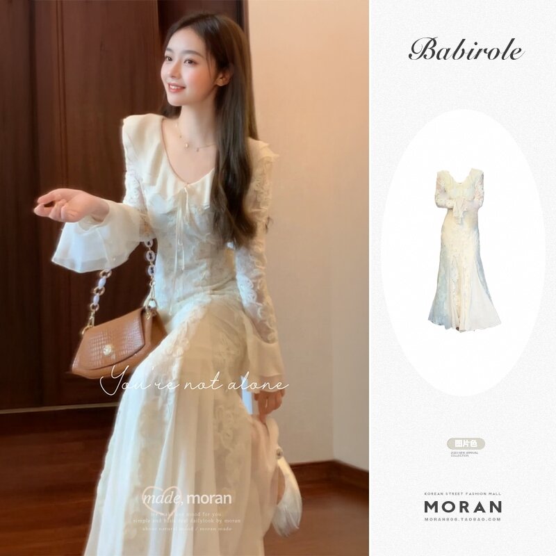 Váy Dài Tay Ren Cổ Chữ V Màu Trắng Kiểu Pháp Cho Nữ Mùa Xuân Váy Dài Bó Eo Chữ a Váy Dự Tiệc Dài Đến
