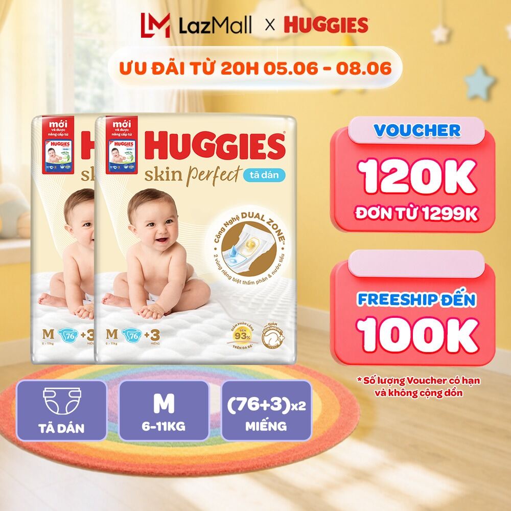 Combo 2 Tã/bỉm dánHuggies Skincare Super Jumbo M76+3/L68/XL60/XXL54