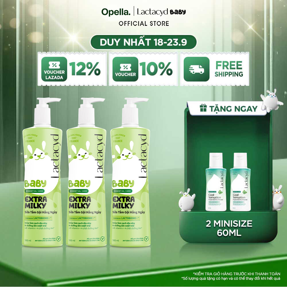 Bộ 3 chai Sữa Tắm Gội Trẻ Em Lactacyd Baby Extra Milky Làm Sạch Dịu Nhẹ và Dưỡng Ẩm Vượt Trội 500ml/chai