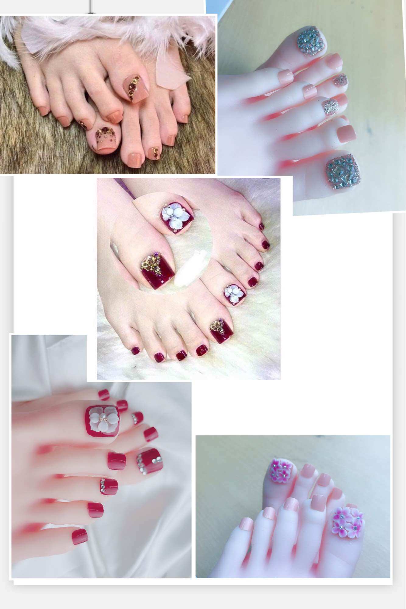Bộ 24 móng chân giả đính đá móng chân thiết kế đính hoa đẹp nails box màu đỏ kèm keo và dũa