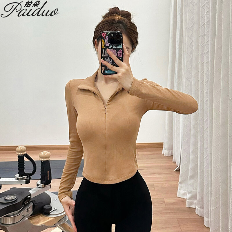 Trang Phục Yoga Cổ Đứng Vợt Vợt Vợt Áo Thun Chạy Bộ Pilates Dáng Gầy Co Giãn Tay Dài Tập Gym Chít Eo Áo Thể Thao