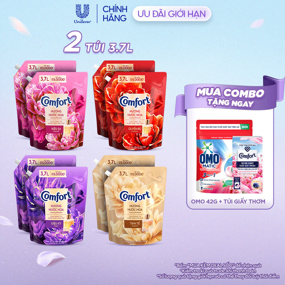 Combo 2 Túi Nước Xả Vải Comfort Thơm Mát Gấp 10 Lần / Hương Nước Hoa 100 Giờ Lưu Hương Túi 3.7L (bao bì tùy lô nhập hàng)