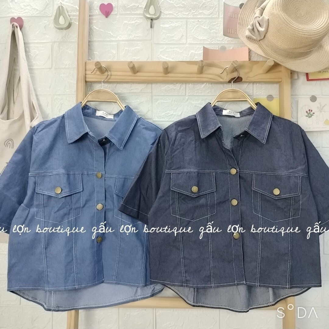 áo sơ mi jean cộc tay chỉ nổi hàn quốc