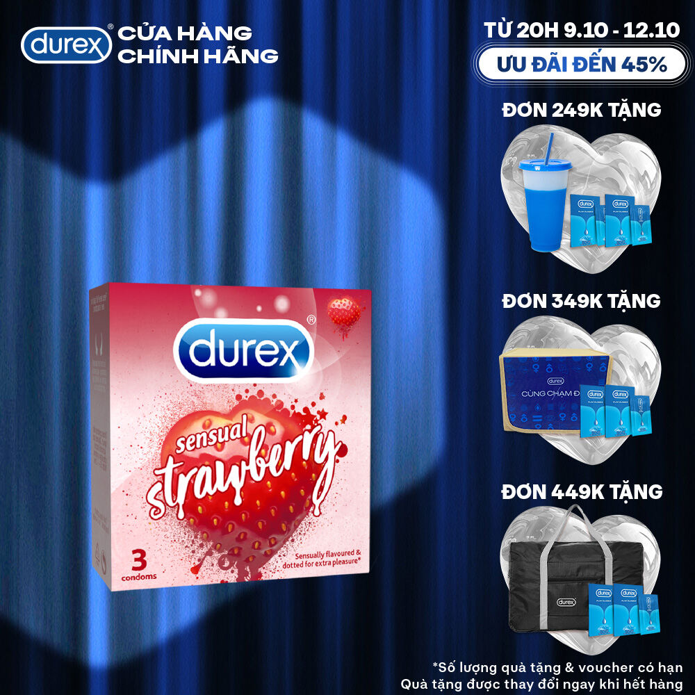 Bao cao su Durex Sensual Strawberry hương dâu (size 52mm, hộp 3 bao)