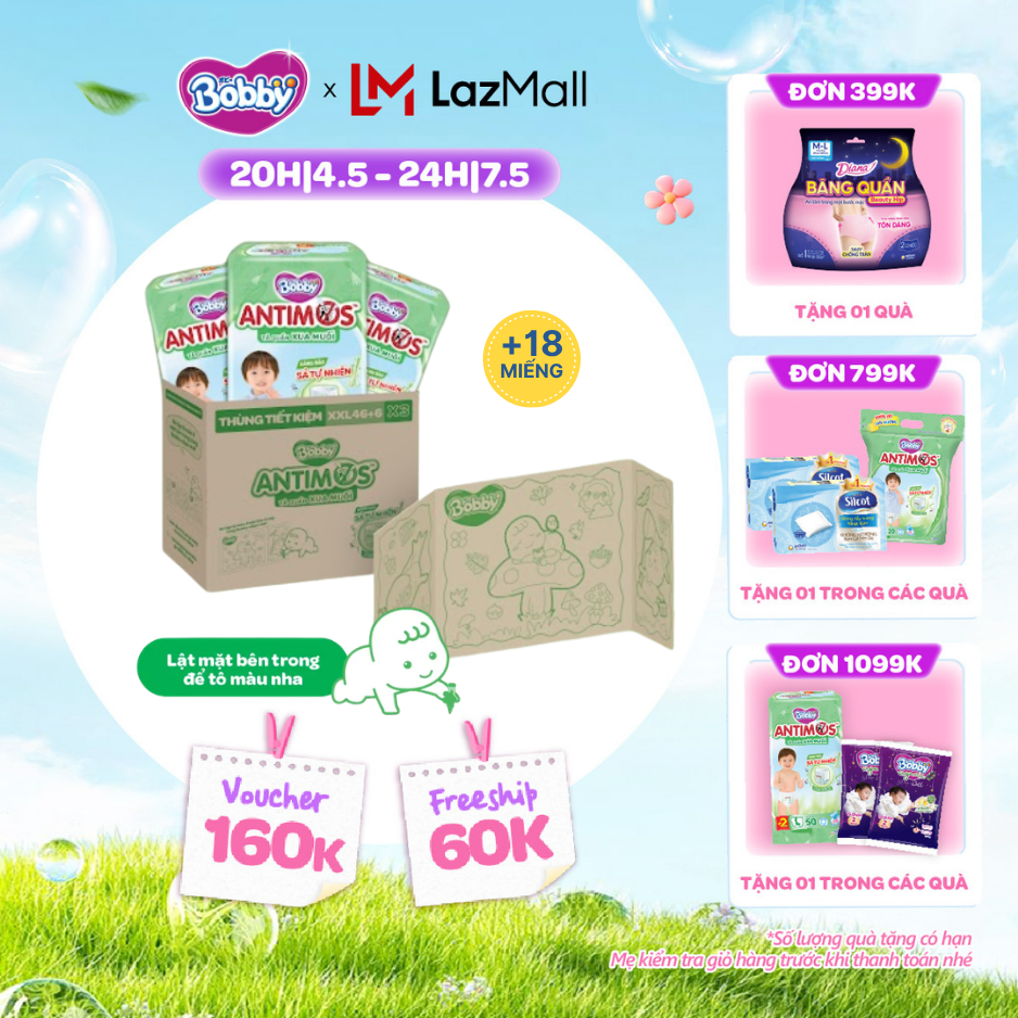 [CHỈ 20h 04-07.05 QT Đơn 899K/1199K][Thùng tiết kiệm] Combo 3 gói tã Quần Xua Muỗi Bobby Antimos – Hàng rào Sả tự nhiên Bye Muỗi 8H - XXL46+6