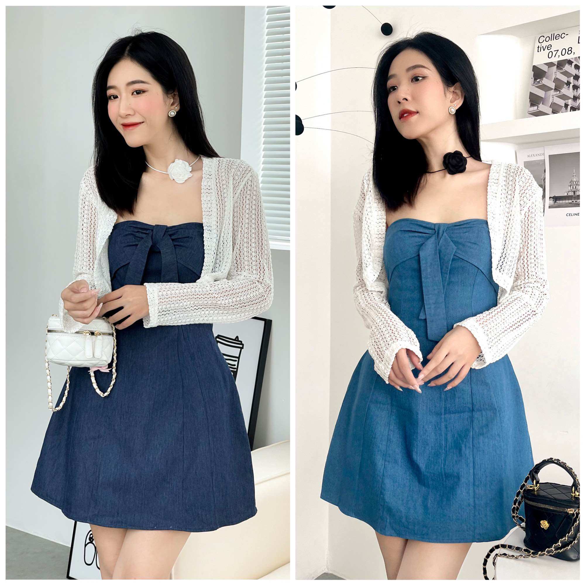 Set h54 đầm ống jean nơ ngực có mút kèm khoác crop trắng